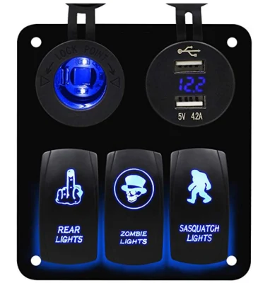 Painel de interruptor rocker azul de 3 gangues com USB duplo e soquete de carregador de energia para barco marinho, carro, RV